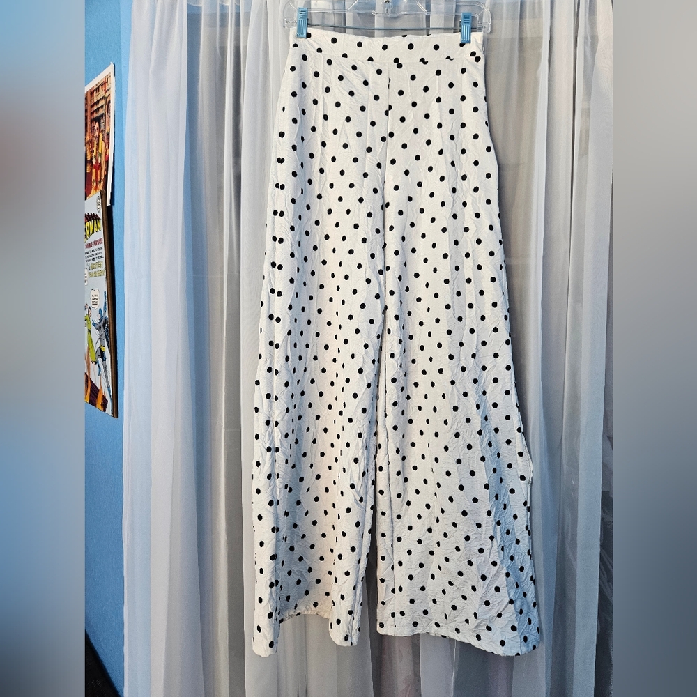 Zara Polka Dot White Wrinkle High Waist Trousers